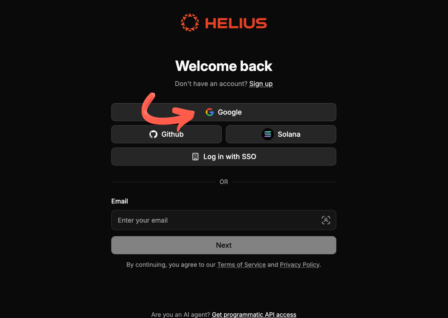Helius Step 1: Login with Google