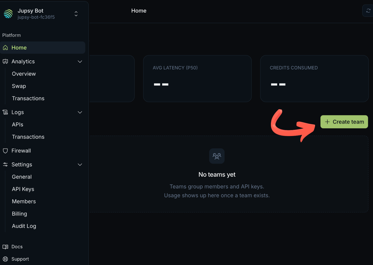 Jupiter API Step 3: Click Create team